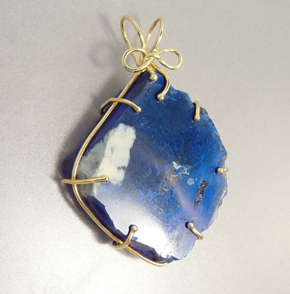 Vintage 14K Gold & Lapis Pendant Wire Wrapped Sta… - image 2