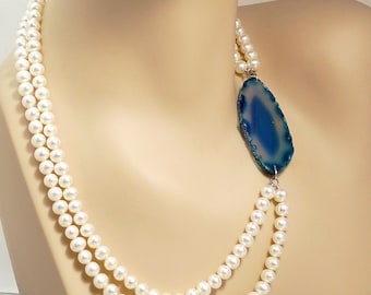 Double Strand Pearl Necklace Blue Agate Slice Accent