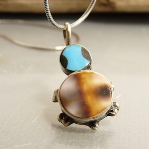 Vintage Zuni Sterling Turquoise & Shell Inlay Turtle Pendant 