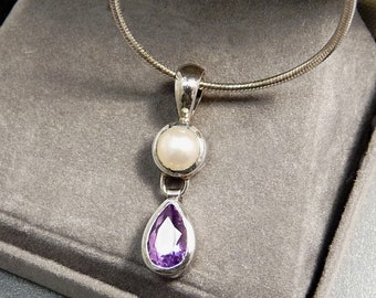 Sterling Silver 925 Pearl & Amethyst Pendant Necklace JCD Jayne Cairns