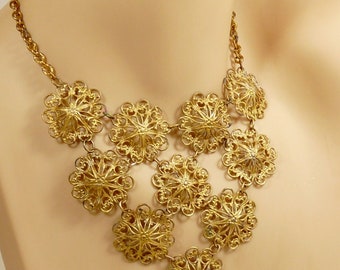 1940s Filigree Brass Bib Necklace Floral Design