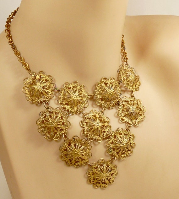 1940s Filigree Brass Bib Necklace Floral Design