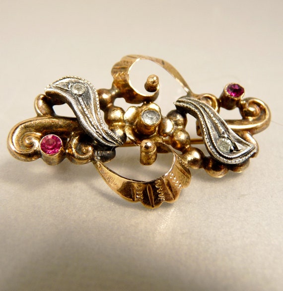 Antique 14K Gold Brooch Yellow & White Gold Ruby S