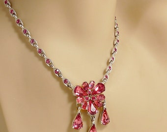 Vintage Pink Rhinestone Lavalier Necklace