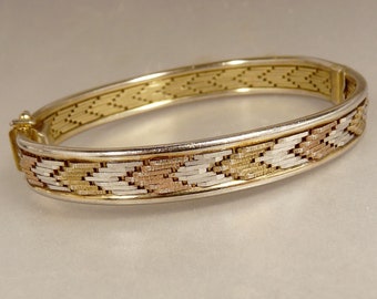 Italy Sterling 925 Bangle Bracelet Tri Gold Vermeil Chevron Pattern