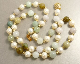 Vintage 14K GF & Multi Color Jade Bead and Pearl Necklace