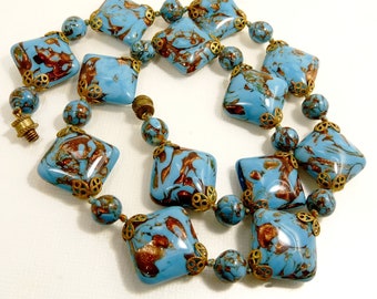 Murano Venetian Glass Bead Necklace Turquoise Aventurine Glass Beads Vintage Jewelry