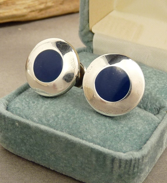 Sterling 925 & Blue Enamel Cufflinks Cuff Buttons - image 1