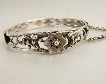 Vintage Sterling Silver Bangle Bracelet Plum Blossom Flowers Chinese Export Hallmarked