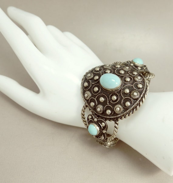 Vintage Alpaca Silver & Faux Turquoise Cuff Bangl… - image 4