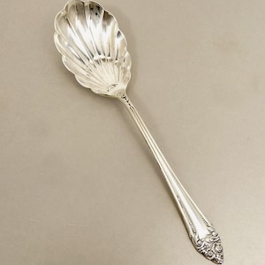 May include: A silver serving spoon with a shell-shaped bowl and a long, slender handle. The bowl has a fluted design, and the handle features decorative detailing at the base and tip. The spoon is likely vintage or antique.