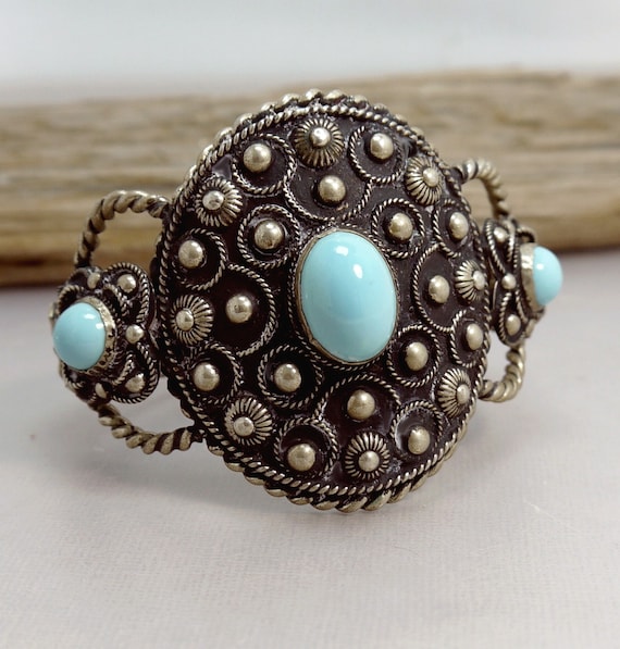 Vintage Alpaca Silver & Faux Turquoise Cuff Bangl… - image 9