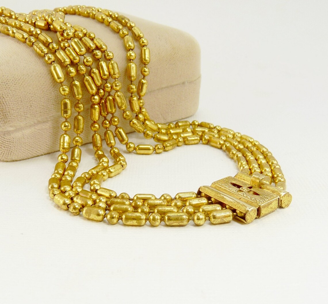 Art Deco Bead Ball Chain Necklace 4 Strand Gold Plated Etsy