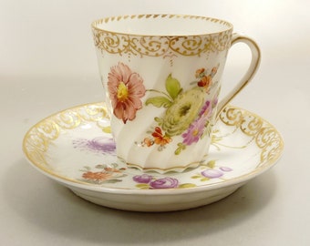 Antique Dresden Demi Cup & Saucer Wild Flowers