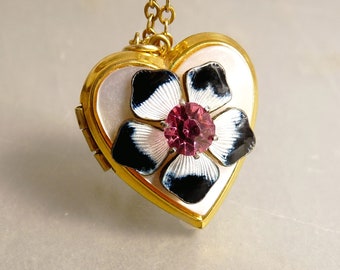 Art Deco Heart Locket Gold Filled & Enamel Pendant Necklace Vintage Jewelry