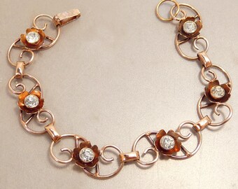 1940s Art Deco Rose Gold Sterling Bracelet Rhinestone Flowers