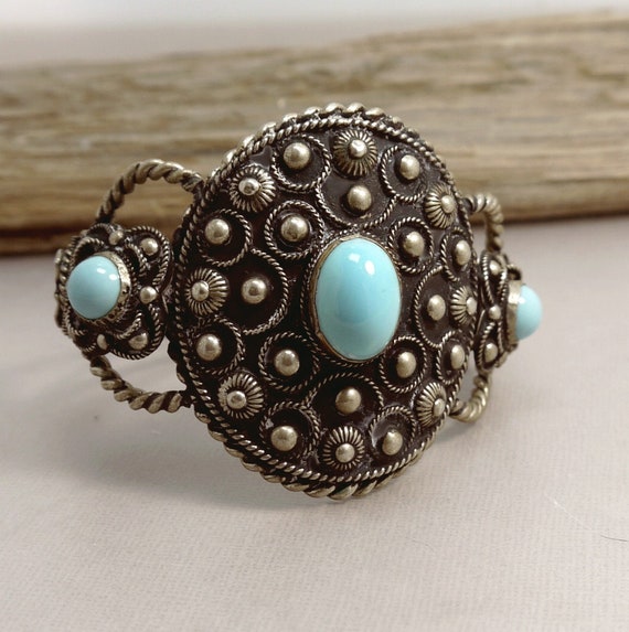 Vintage Alpaca Silver & Faux Turquoise Cuff Bangl… - image 2