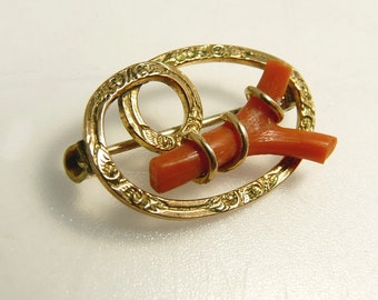 Dainty Victorian Gold Filled & Coral Brooch Pin