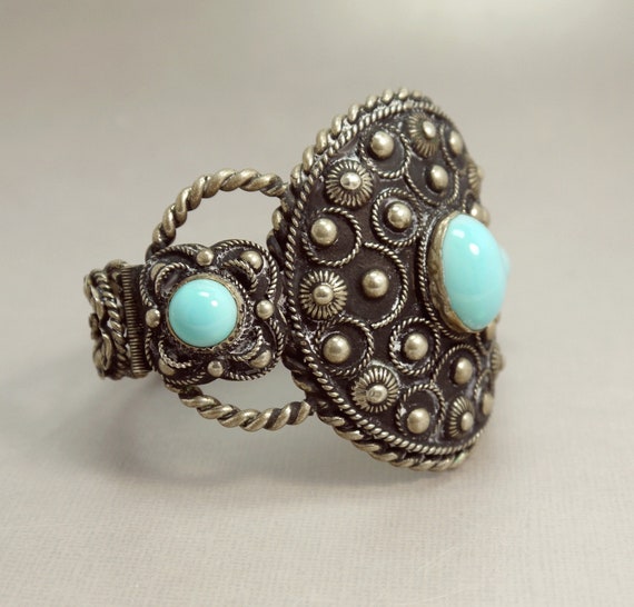 Vintage Alpaca Silver & Faux Turquoise Cuff Bangl… - image 3