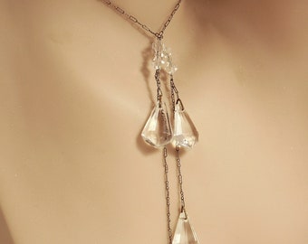 Art Deco Sautoir Necklace Silver & Crystal Pendants