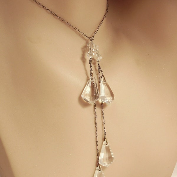 Art Deco Sautoir Necklace Silver & Crystal Pendants
