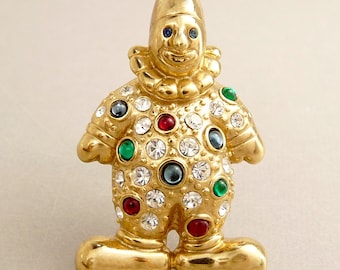 Vintage Krementz Gold & Rhinestone Clown Brooch