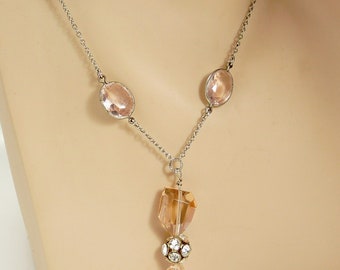 Czech Art Deco Bezel Pink Crystal Necklace