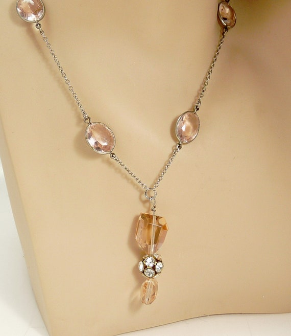 Czech Art Deco Bezel Pink Crystal Necklace