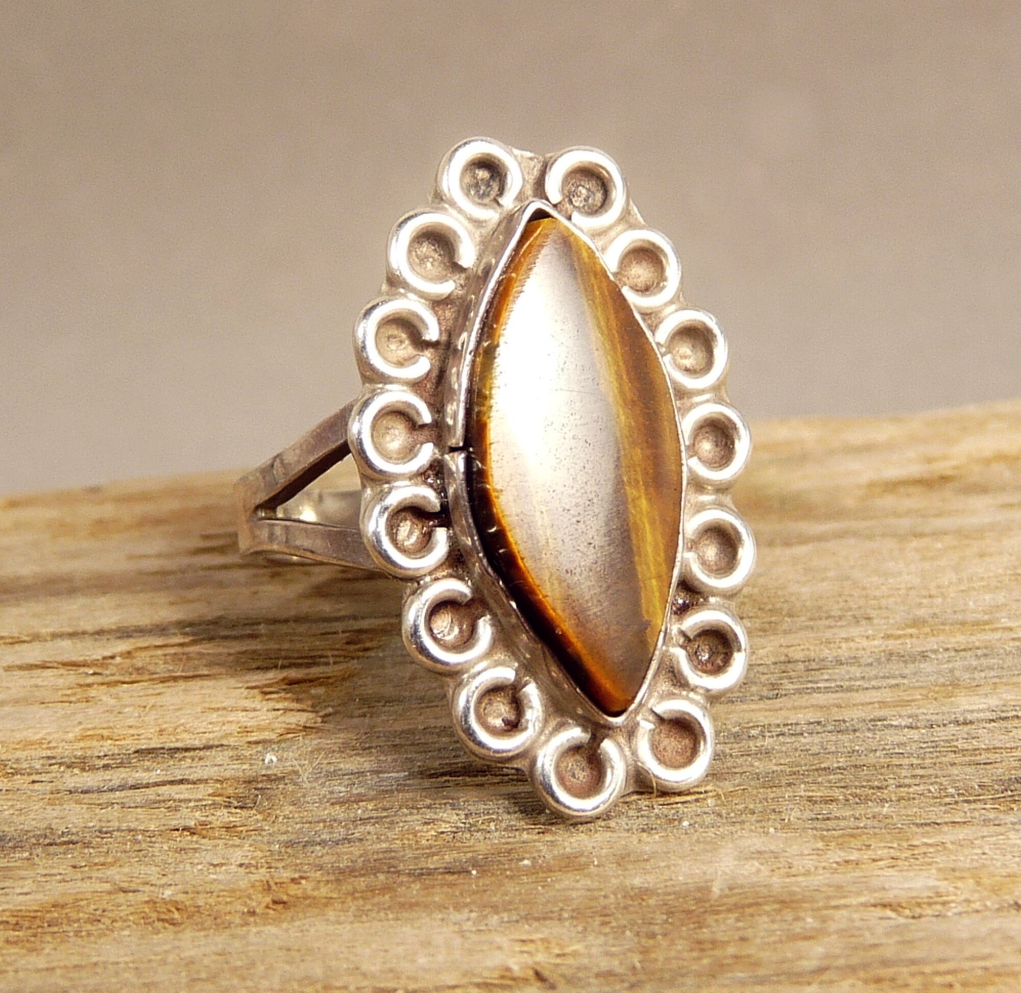 Vintage Mexico Sterling 925 & Tiger Eye Ring Eagle 3