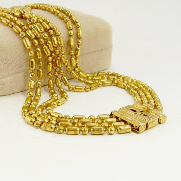 Art Deco Bead Ball Chain Necklace 4 Strand Gold Plated