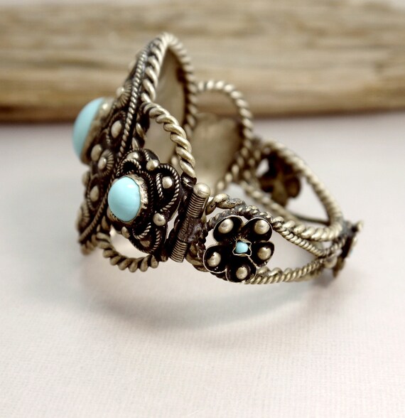 Vintage Alpaca Silver & Faux Turquoise Cuff Bangl… - image 5