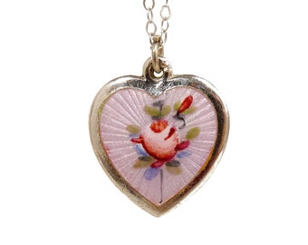 Art Deco Heart Pendant Necklace Sterling & Guilloche Enamel Pink Rose