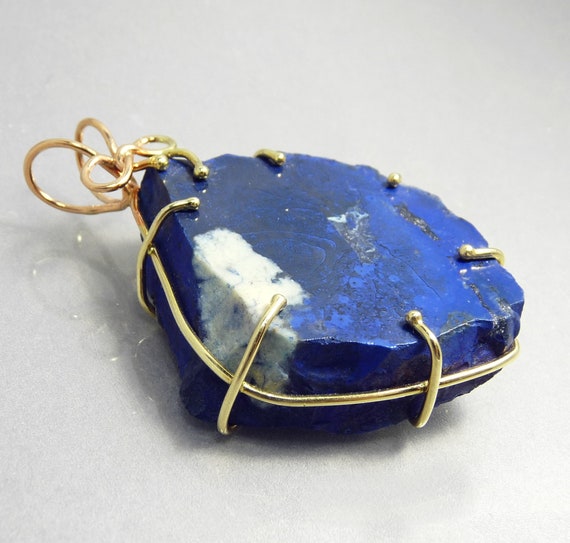 Vintage 14K Gold & Lapis Pendant Wire Wrapped Sta… - image 5