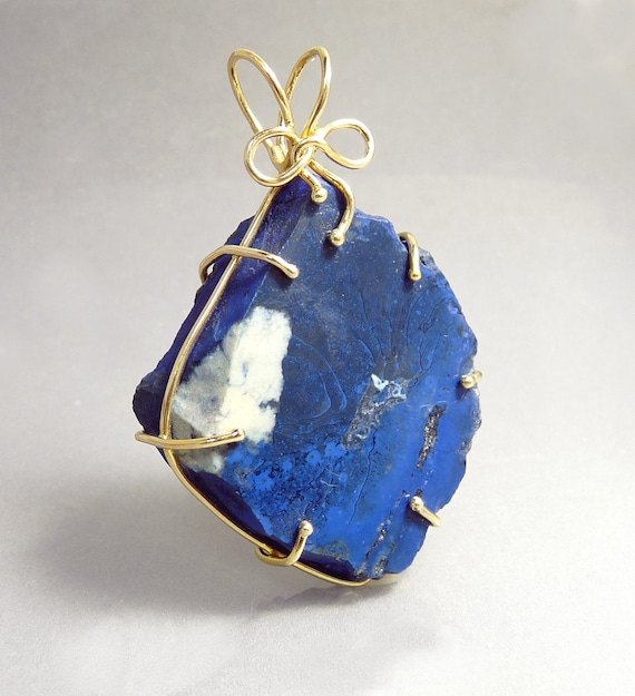 Vintage 14K Gold & Lapis Pendant Wire Wrapped Sta… - image 1