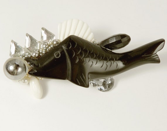 1980s Wendy Gell Brooch Black Onyx Bubble Fish - image 2