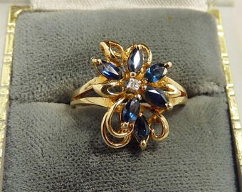 14K Gold Sapphire & Diamond Ring Vintage Jewelry