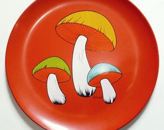 Vintage MCM Melamine Serving Tray Orange Mushroom Trays Signed Michele