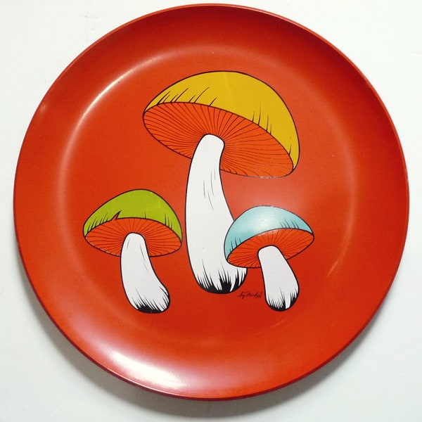 Vintage MCM Melamine Serving Tray Orange Mushroom Trays Signed Michele