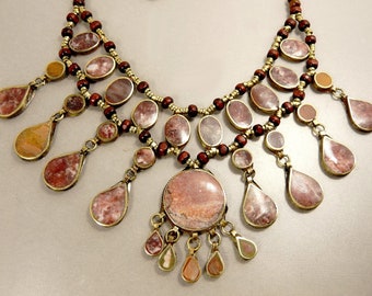 Ethnic Tribal Bib Necklace Pink Stone Necklaces Kuchi Afghan Vintage Jewelry