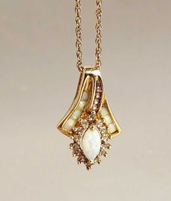Gold Vermeil Sterling 925 & Opal Pendant Necklace - image 2