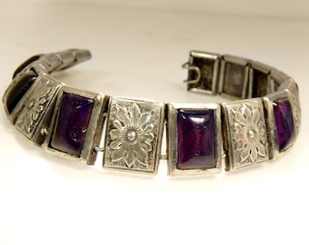 Art Deco Silver & Amethyst Glass Link Bracelet
