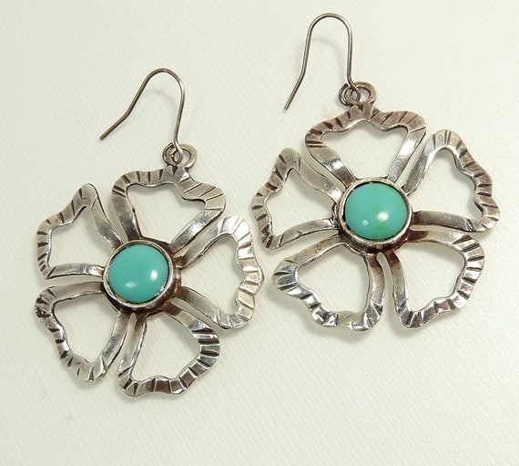 Southwestern Sterling & Faux Turquoise Earrings S… - image 1