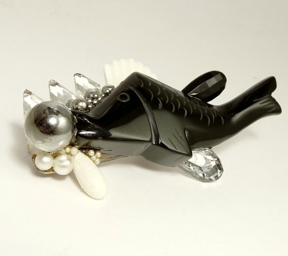 1980s Wendy Gell Brooch Black Onyx Bubble Fish - image 3