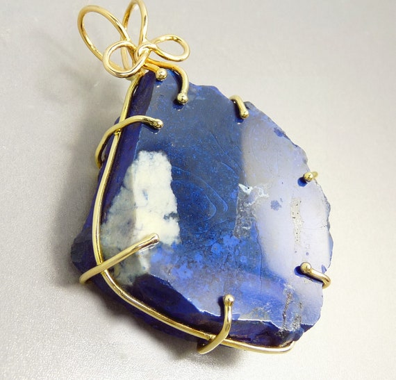 Vintage 14K Gold & Lapis Pendant Wire Wrapped Sta… - image 3