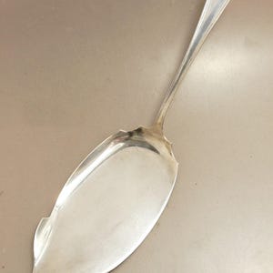May include: A silver-colored pie server with a long, slender handle and a wide, leaf-shaped blade. The handle has a decorative, geometric design at the top. The blade has a curved edge on one side.