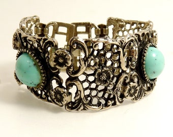 Vintage Link Bracelet Silver & Faux Turquoise Floral Links