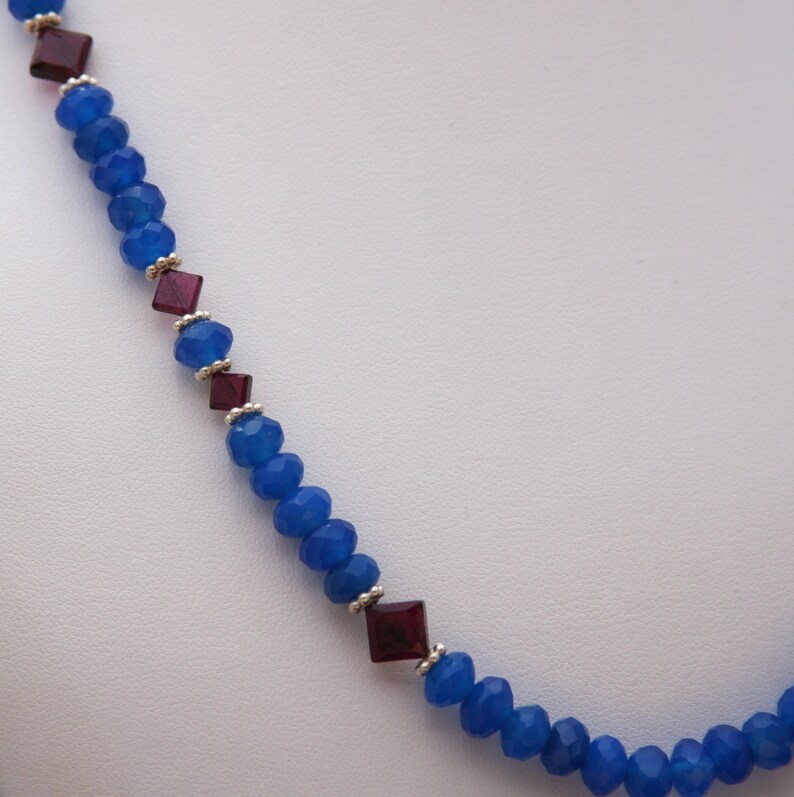 Cobalt Blue Chalcedony Garnet Jewelry Gemstone Necklace January Birthstone Chalcedony Necklace Chalcedony Jewelry Garnet Necklace