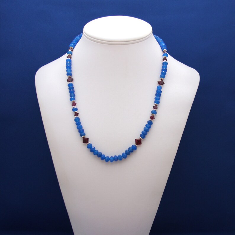 Cobalt Blue Chalcedony Garnet Jewelry Gemstone Necklace January Birthstone Chalcedony Necklace Chalcedony Jewelry Garnet Necklace