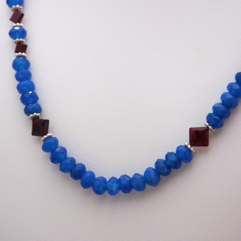 Cobalt Blue Chalcedony Garnet Jewelry Gemstone Necklace January Birthstone Chalcedony Necklace Chalcedony Jewelry Garnet Necklace
