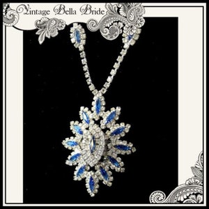 Vintage Sapphire Blue Rhinestone and Clear Rhinestone Necklace, Art Deco Rhinestone Necklace, Vintage Rhinestone Necklace, Something Blue